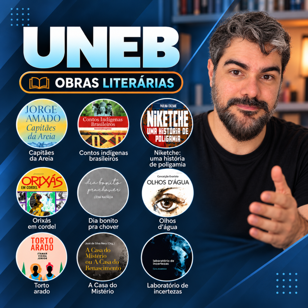 Arte do curso UNEB de obras literárias com o professor Deco Duarte e as nove obras da lista de leitura do vestibular.
